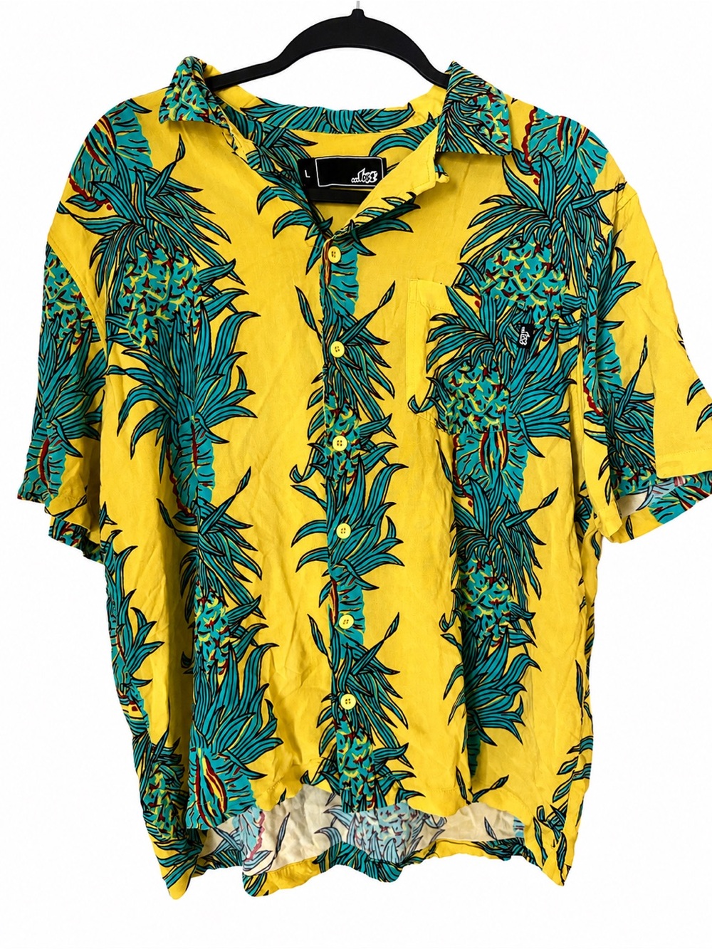 Lost Men’s Hawaiian Shirt Yellow Pineapple Foliage Tropical Button Up Vacation L